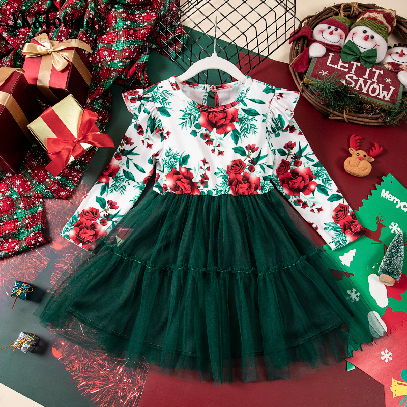 Exkluzívna cezhraničná dodávka jesenných a zimných nových dievčenských šiat s dlhým rukávom a okrúhlym výstrihom na rok 2025, vianočných spoločenských šiat