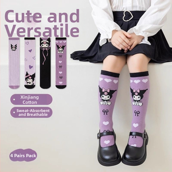 Παιδικές Κάλτσες Kuromi για Κορίτσια, Άνοιξη και Φθινόπωρο, Βαμβακερές Κάλτσες μέχρι τη Γάμπα, Φθινόπωρο και Χειμώνας, Χαριτωμένες Κινούμενες Κάλτσες με Μεσαίο Σωλήνα για Κορίτσια