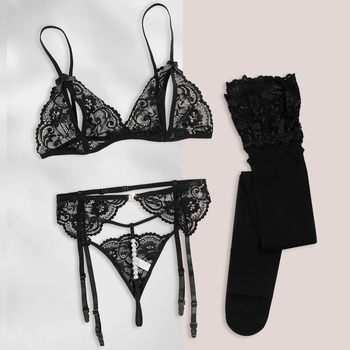 Σέξι γυναικεία σέξι εσώρουχα με δαντέλα, καλσόν, σουτιέν με στρινγκ, σέξι σουτιέν με σημείο δρόσου, μαύρο μεταξωτό κοστούμι τεσσάρων τεμαχίων