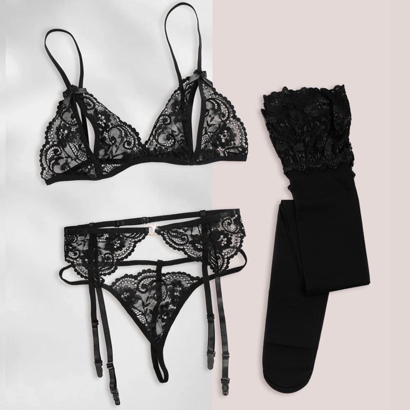 Ciorapi cu bretele din dantelă pentru femei, lenjerie sexy, sutien tanga, costum sexy cu punct de rouă, costum negru de mătase, patru piese