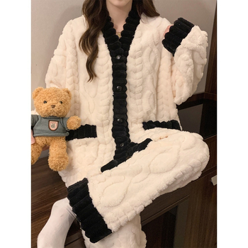 Γυναικεία πιτζάμα από κοραλί φλις, χειμωνιάτικη φανέλα με παχύρρευστο, απλό, ψηλόμεσο στυλ, νέο φθινόπωρο-χειμώνα 2024, από φλις σιταριού, για το σπίτι