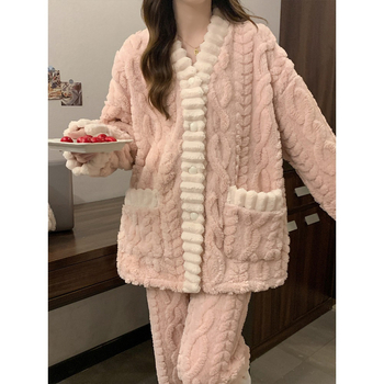 Γυναικεία πιτζάμα από κοραλί φλις, χειμωνιάτικη φανέλα με παχύρρευστο, απλό, ψηλόμεσο στυλ, νέο φθινόπωρο-χειμώνα 2024, από φλις σιταριού, για το σπίτι