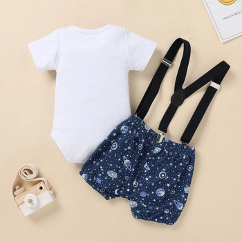 Διασυνοριακά βρεφικά ρούχα για μωρά με κοντό μανίκι για αγόρια, σετ σορτς με τιράντες και παπιγιόν γενεθλίων
