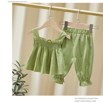 Detský overal cez rameno Leto 2024 Nový detský set Three Little Flowers Letné deväťdielne nohavice pre dievčatá, dvojdielny set v západnom štýle