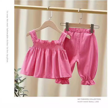 Detský overal cez rameno Leto 2024 Nový detský set Three Little Flowers Letné deväťdielne nohavice pre dievčatá, dvojdielny set v západnom štýle