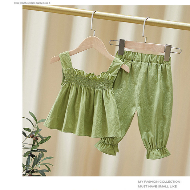 Detský overal cez rameno Leto 2024 Nový detský set Three Little Flowers Letné deväťdielne nohavice pre dievčatá, dvojdielny set v západnom štýle