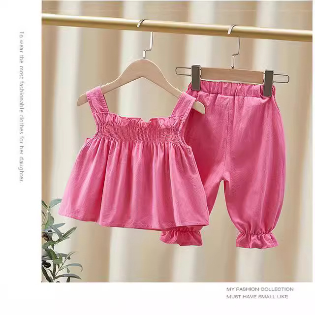 Detský overal cez rameno Leto 2024 Nový detský set Three Little Flowers Letné deväťdielne nohavice pre dievčatá, dvojdielny set v západnom štýle