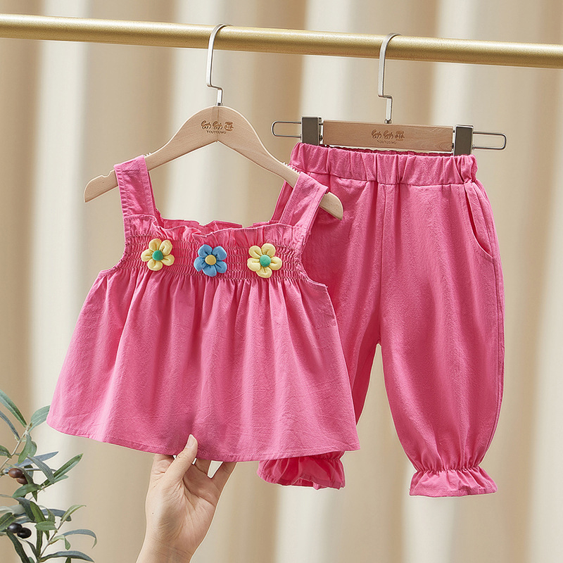 Detský overal cez rameno Leto 2024 Nový detský set Three Little Flowers Letné deväťdielne nohavice pre dievčatá, dvojdielny set v západnom štýle