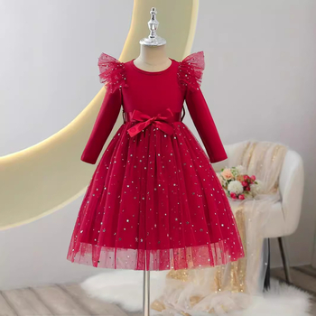 Prekogranična vruća prodavačka djevojačka jesenska i zimska princezina haljina s dugim rukavima, lotosovim listom i ramenima, zvijezdama, šljokicama i mrežastom jednobojnom haljinom, elegantnom