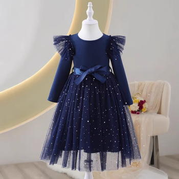 Διασυνοριακό Φόρεμα Πριγκίπισσας για Κορίτσια Φθινόπωρο και Χειμώνα με Μακρυμάνικο Φύλλο Λωτού, Ώμους, Αστέρι, Πούλιες, Μονόχρωμο Φόρεμα, Κομψό