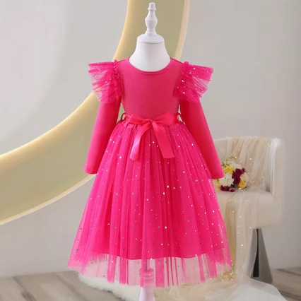 Prekogranična vruća prodavačka djevojačka jesenska i zimska princezina haljina s dugim rukavima, lotosovim listom i ramenima, zvijezdama, šljokicama i mrežastom jednobojnom haljinom, elegantnom