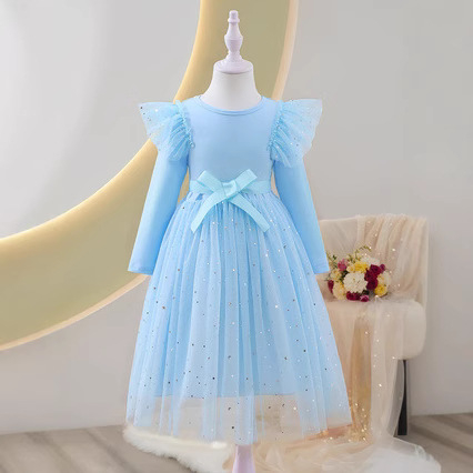 Prekogranična vruća prodavačka djevojačka jesenska i zimska princezina haljina s dugim rukavima, lotosovim listom i ramenima, zvijezdama, šljokicama i mrežastom jednobojnom haljinom, elegantnom