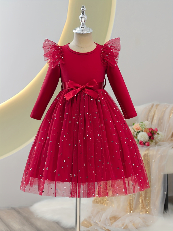 Prekogranična vruća prodavačka djevojačka jesenska i zimska princezina haljina s dugim rukavima, lotosovim listom i ramenima, zvijezdama, šljokicama i mrežastom jednobojnom haljinom, elegantnom