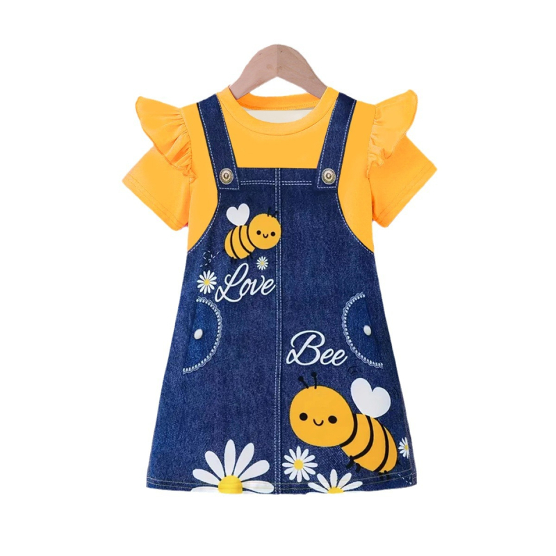 Dievčenské roztomilé ležérne šaty s okrúhlym výstrihom a lietajúcimi rukávmi s potlačou včiel a remienkom v európskom a americkom štýle