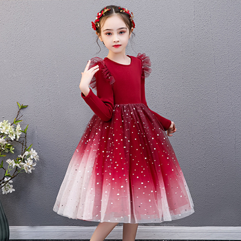 Φθινόπωρο 2025 Νέο φόρεμα για κορίτσια Κομψή φούστα με φουσκωτά αστέρια και πλέγμα, Κομψό φόρεμα με φούστα πριγκίπισσας για κορίτσια