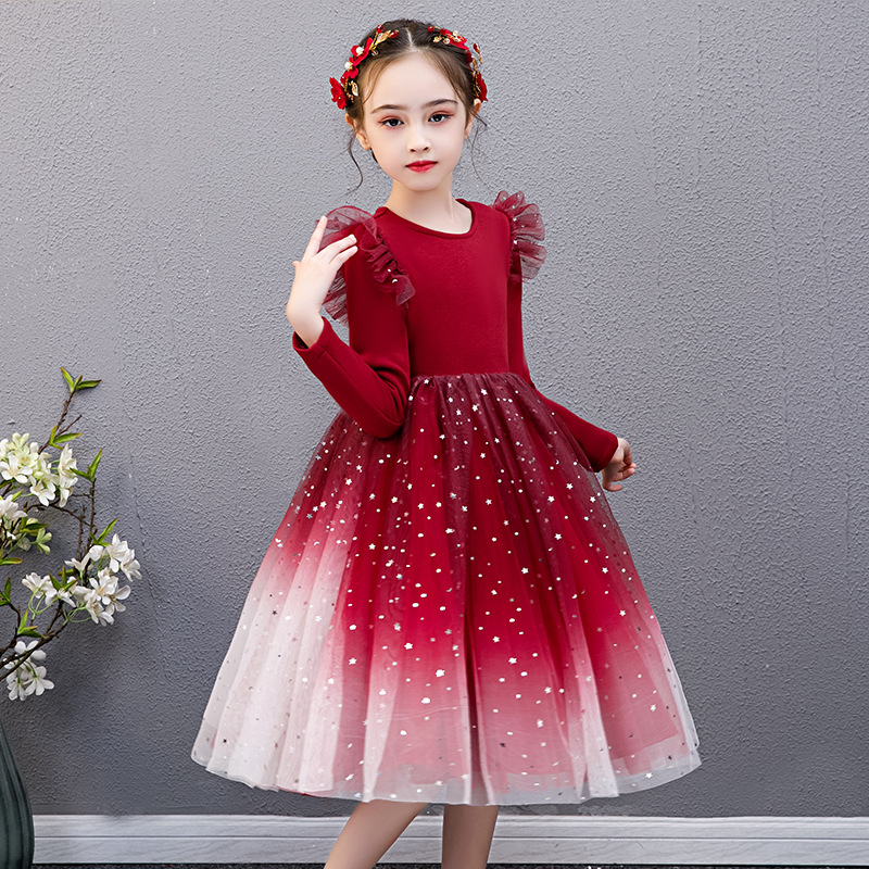 Rochie elegantă pentru fete, toamna 2025, cu fustă bufantă din plasă cu stele, rochie elegantă de prințesă