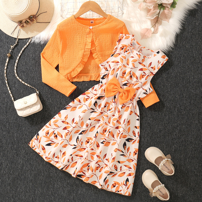 Cross-Border dječja odjeća Djevojački dvodijelni set od volana s dugim rukavima i printanom mašnom za modernu djecu