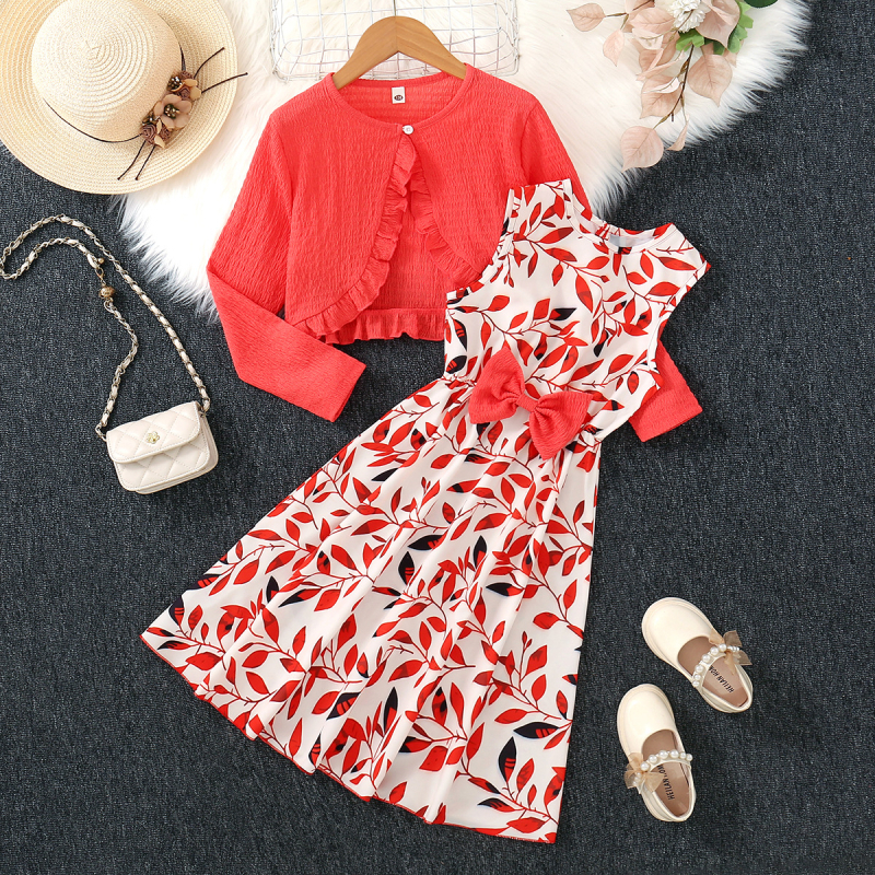 Cross-Border dječja odjeća Djevojački dvodijelni set od volana s dugim rukavima i printanom mašnom za modernu djecu