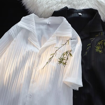 Нова риза с къс ръкав, бродирана в китайски стил с бамбук, момчета, дизайн с ледена коприна, кубинска яка, свободна, ежедневна, риза с половин ръкав