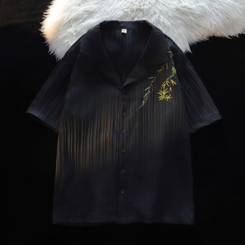Нова риза с къс ръкав, бродирана в китайски стил с бамбук, момчета, дизайн с ледена коприна, кубинска яка, свободна, ежедневна, риза с половин ръкав