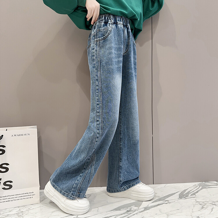 Tüdrukute teksad 2024. aasta talvised ühes tükis sametist laiad teksad suured laste fliisvoodriga paksendatud sirged teksad