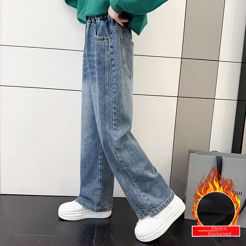 Дънки за момичета Зима 2024 Едноделни кадифени широки дънки Големи детски удебелени прави дънки с полар