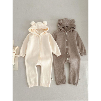 [Zajačik] Kórejský štýl Nový jesenný detský overal pre chlapcov a dievčatá, plaziaci overal s kapucňou a medvedíkom, zahustený a teplý