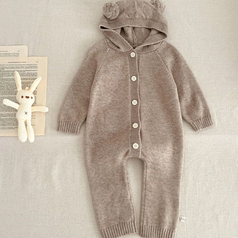 [Zajačik] Kórejský štýl Nový jesenný detský overal pre chlapcov a dievčatá, plaziaci overal s kapucňou a medvedíkom, zahustený a teplý