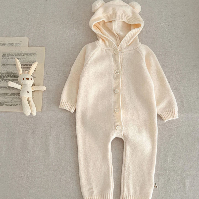 [Zajačik] Kórejský štýl Nový jesenný detský overal pre chlapcov a dievčatá, plaziaci overal s kapucňou a medvedíkom, zahustený a teplý