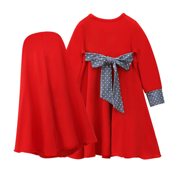 Παιδικό φόρεμα με μακριά μανίκια και στρογγυλή λαιμόκοψη, μονόχρωμο, για κορίτσια, σε 2 τεμάχια, για την άνοιξη και το φθινόπωρο, με φιόγκο και μαντήλι