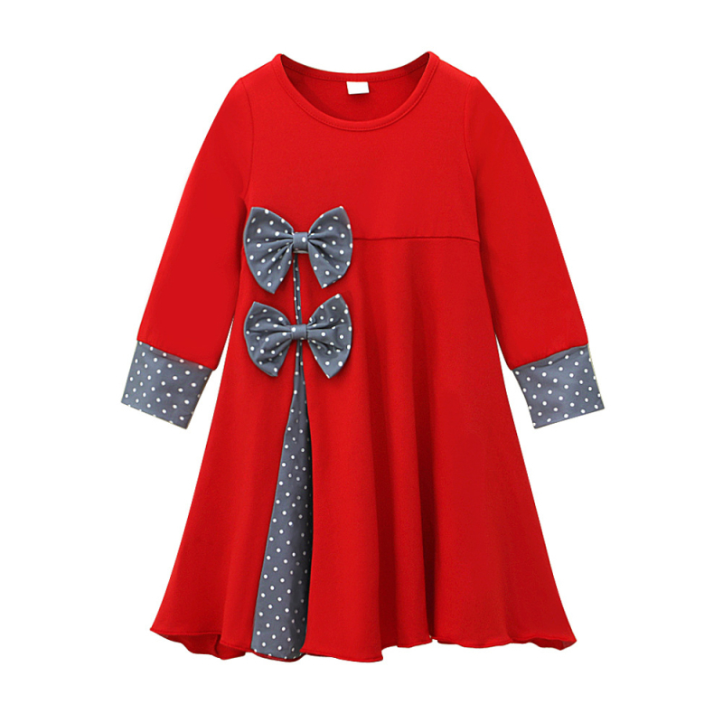 Dievčenské jarné a jesenné jednofarebné šaty s dlhým rukávom, okrúhlym výstrihom a mašľou + šatka, 2-dielne detské oblečenie