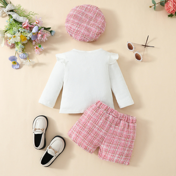 Európske a americké detské šortky s dlhým rukávom, klobúkový oblek, módny top s lietajúcimi rukávmi, šortky v štýle Chanel, baret