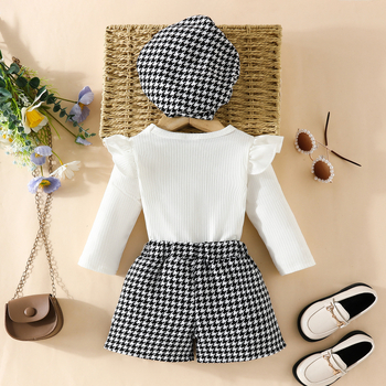 Európske a americké detské šortky s dlhým rukávom, klobúkový oblek, módny top s lietajúcimi rukávmi, šortky v štýle Chanel, baret