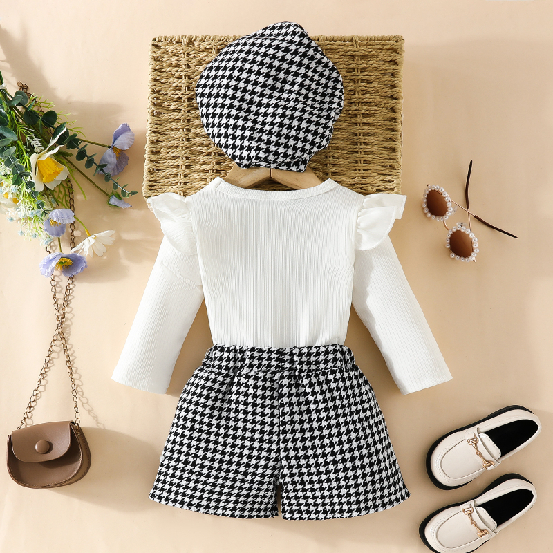 Európske a americké detské šortky s dlhým rukávom, klobúkový oblek, módny top s lietajúcimi rukávmi, šortky v štýle Chanel, baret