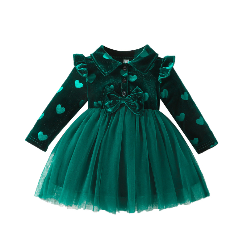 Ainult piiriüleseks müügiks – beebitüdruku kevadine armas printsessi stiilis puhtavärviline sametist kleit marlilõigu ja südamekujulise trükikaunistusega