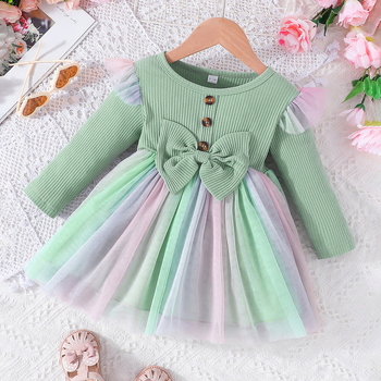 Νέο φόρεμα με μακριά μανίκια για την άνοιξη και το φθινόπωρο του 2023, μοντέρνο φόρεμα πριγκίπισσας με γλυκό φιόγκο και πλέγμα