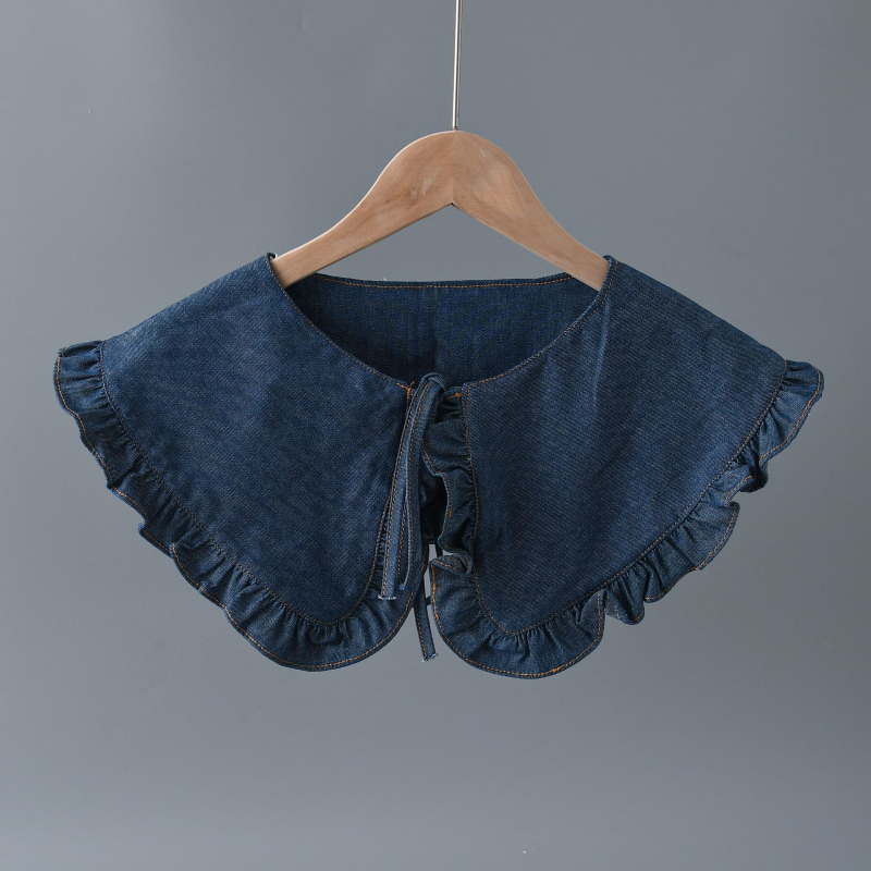 Korėjietiškas elegantiškas elegantiškas didelis atlapas su ausų kraštu lėlės apykaklė netikra apykaklė raukta suvarstoma skara džinsinis audinys