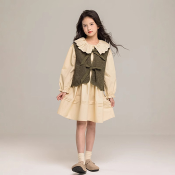 Dievčenské šaty s dlhým rukávom 2025 Jarné nové kórejské detské šaty s klopou, francúzska princezná, bavlnené veľké detské šaty