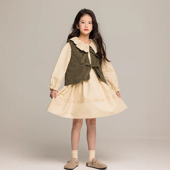 Φόρεμα για κορίτσια με μακριά μανίκια 2025 Άνοιξη Νέο Κορεάτικο Στυλ Παιδικό Φόρεμα Πριγκίπισσας με Πέτο Γαλλικό, Βαμβακερό, Μεγάλο Παιδικό Φόρεμα