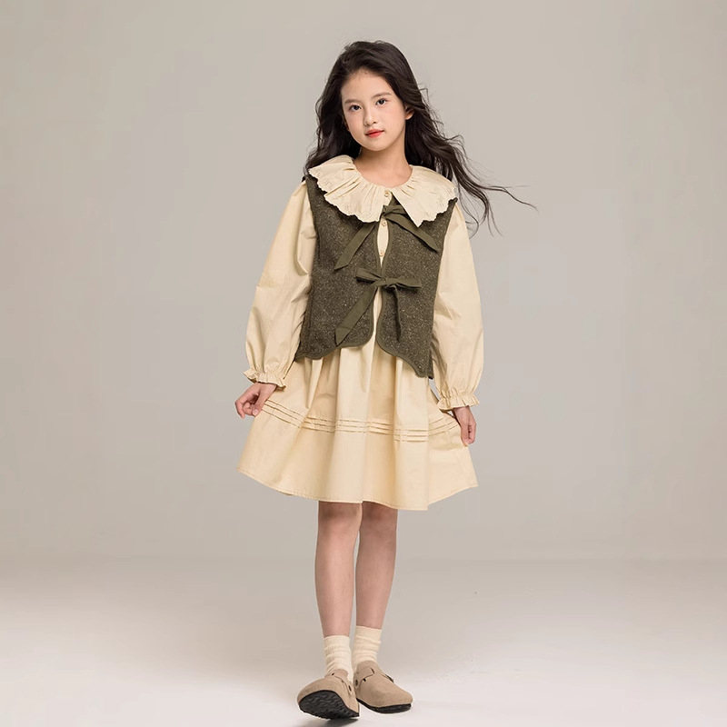 Dievčenské šaty s dlhým rukávom 2025 Jarné nové kórejské detské šaty s klopou, francúzska princezná, bavlnené veľké detské šaty