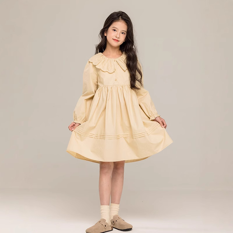 Dievčenské šaty s dlhým rukávom 2025 Jarné nové kórejské detské šaty s klopou, francúzska princezná, bavlnené veľké detské šaty