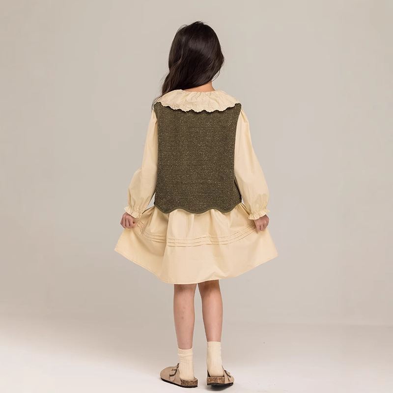 Dievčenské šaty s dlhým rukávom 2025 Jarné nové kórejské detské šaty s klopou, francúzska princezná, bavlnené veľké detské šaty