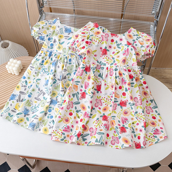 2023 Καλοκαιρινά νέα κοριτσίστικα λουλούδια βαμβακερή φούστα με φουσκωτά μανίκια, παιδικό φόρεμα χαριτωμένα παιδικά ρούχα