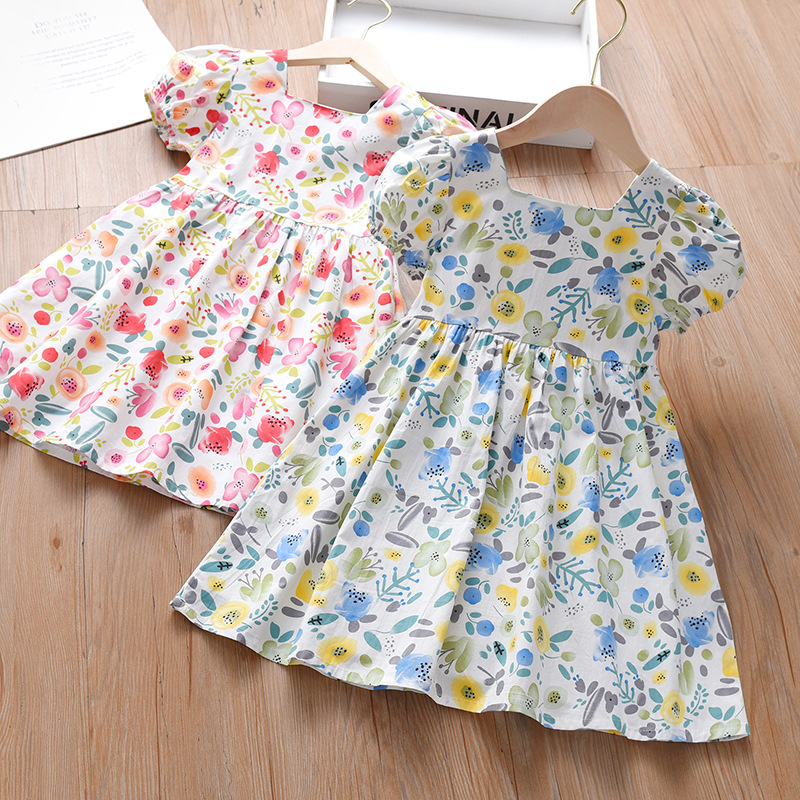 Ljetna nova dječja odjeća za djevojčice, pamučna suknja s puf rukavima i cvjetnim uzorkom, prsluk s puf rukavima, dječja haljina