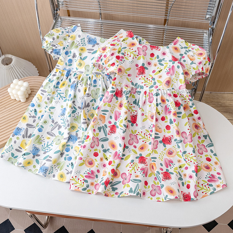 Ljetna nova dječja odjeća za djevojčice, pamučna suknja s puf rukavima i cvjetnim uzorkom, prsluk s puf rukavima, dječja haljina