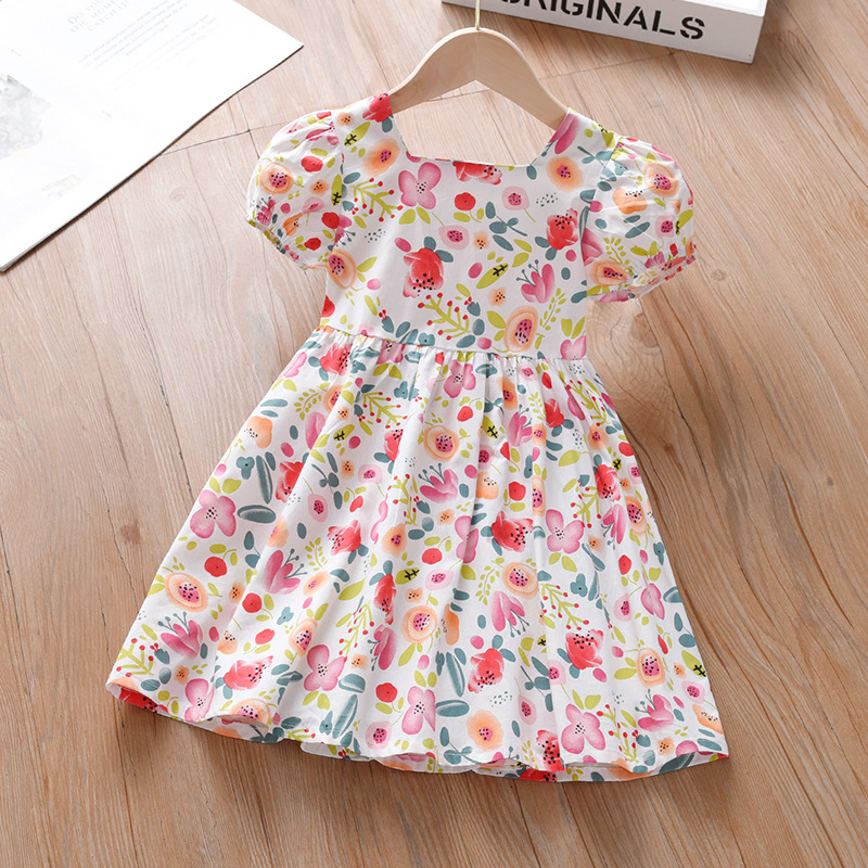 Ljetna nova dječja odjeća za djevojčice, pamučna suknja s puf rukavima i cvjetnim uzorkom, prsluk s puf rukavima, dječja haljina