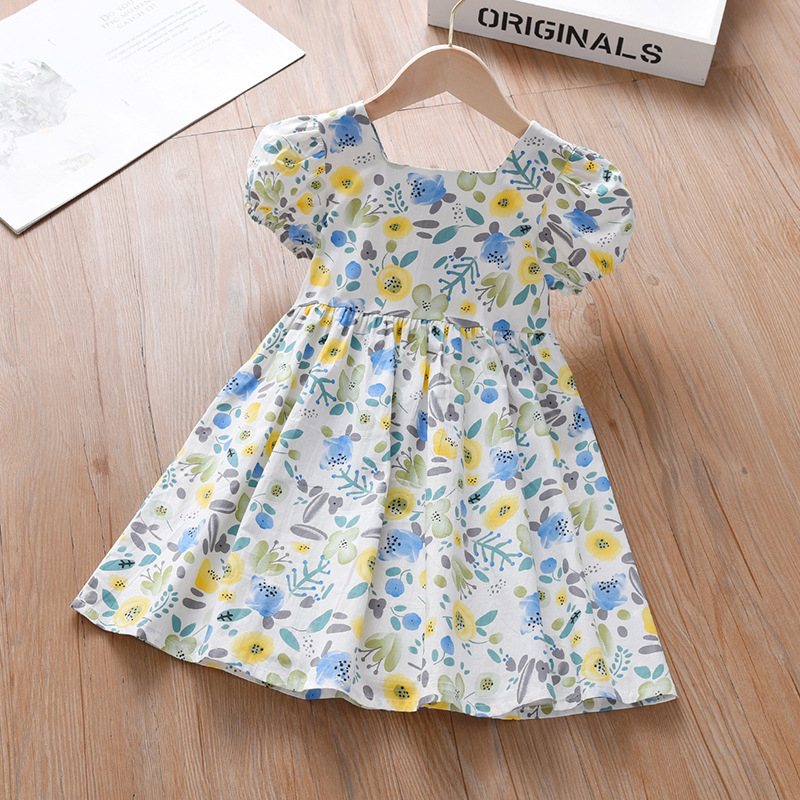 Ljetna nova dječja odjeća za djevojčice, pamučna suknja s puf rukavima i cvjetnim uzorkom, prsluk s puf rukavima, dječja haljina
