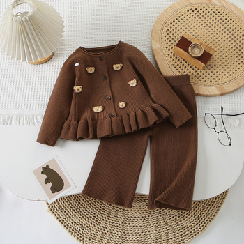 Lasteriided Tüdrukute armsa karuga pikkade varrukatega kampsun, kardigan, vabaajapüksid, beebitüdruku Korea stiilis sügisene kampsunikostüüm, trendikas