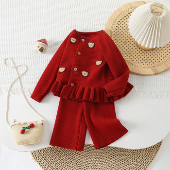 Lasteriided Tüdrukute armsa karuga pikkade varrukatega kampsun, kardigan, vabaajapüksid, beebitüdruku Korea stiilis sügisene kampsunikostüüm, trendikas