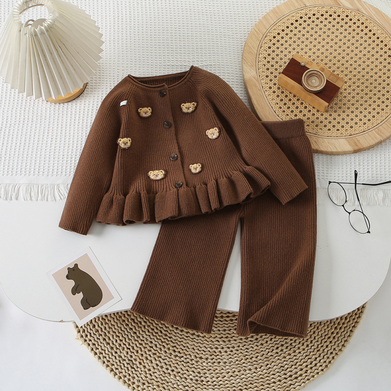 Lasteriided Tüdrukute armsa karuga pikkade varrukatega kampsun, kardigan, vabaajapüksid, beebitüdruku Korea stiilis sügisene kampsunikostüüm, trendikas